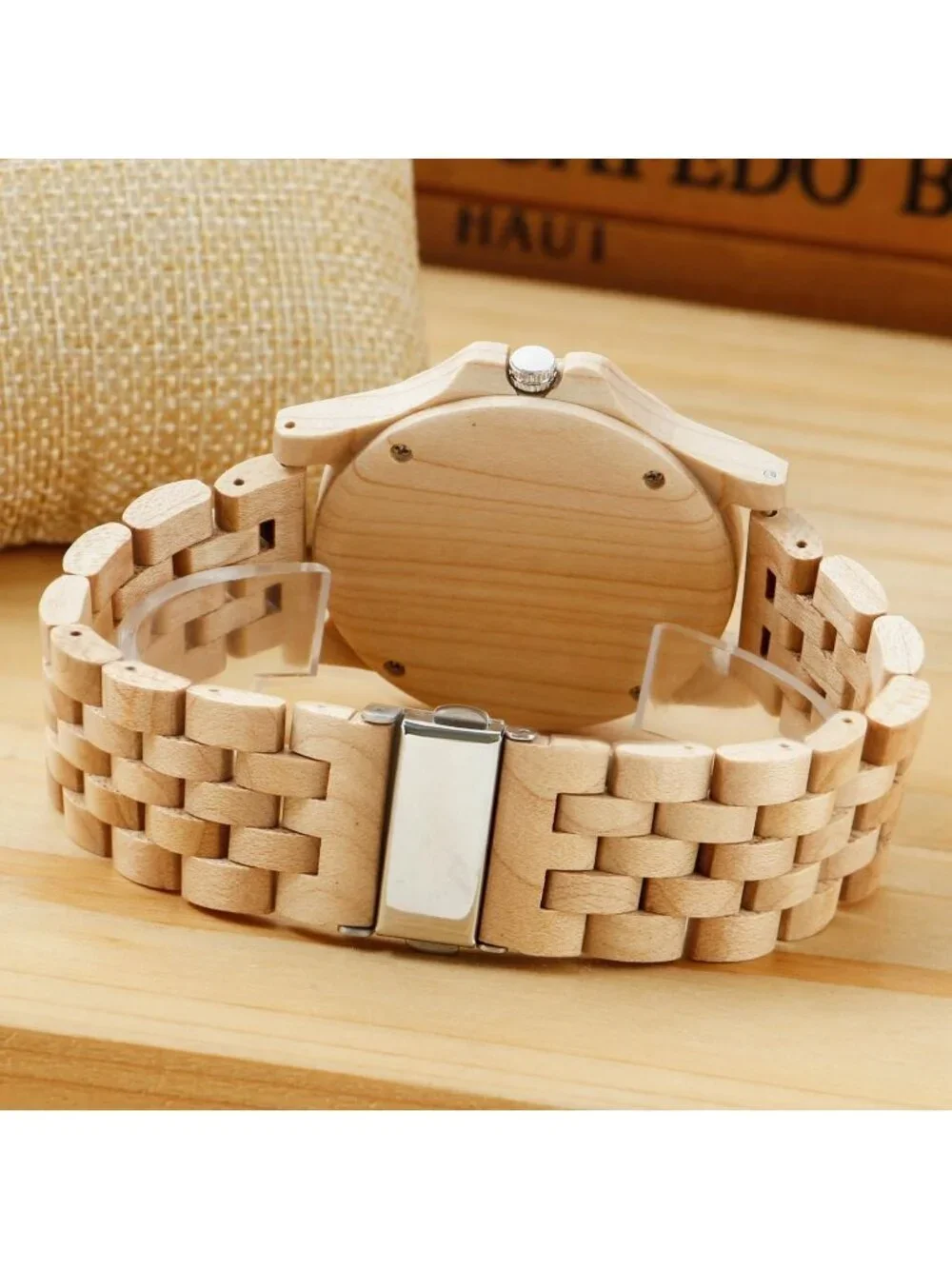 Men Beige Quartz Solid Ebony Zebra Fold over Clasp Wood Strap Round Wooden Watch